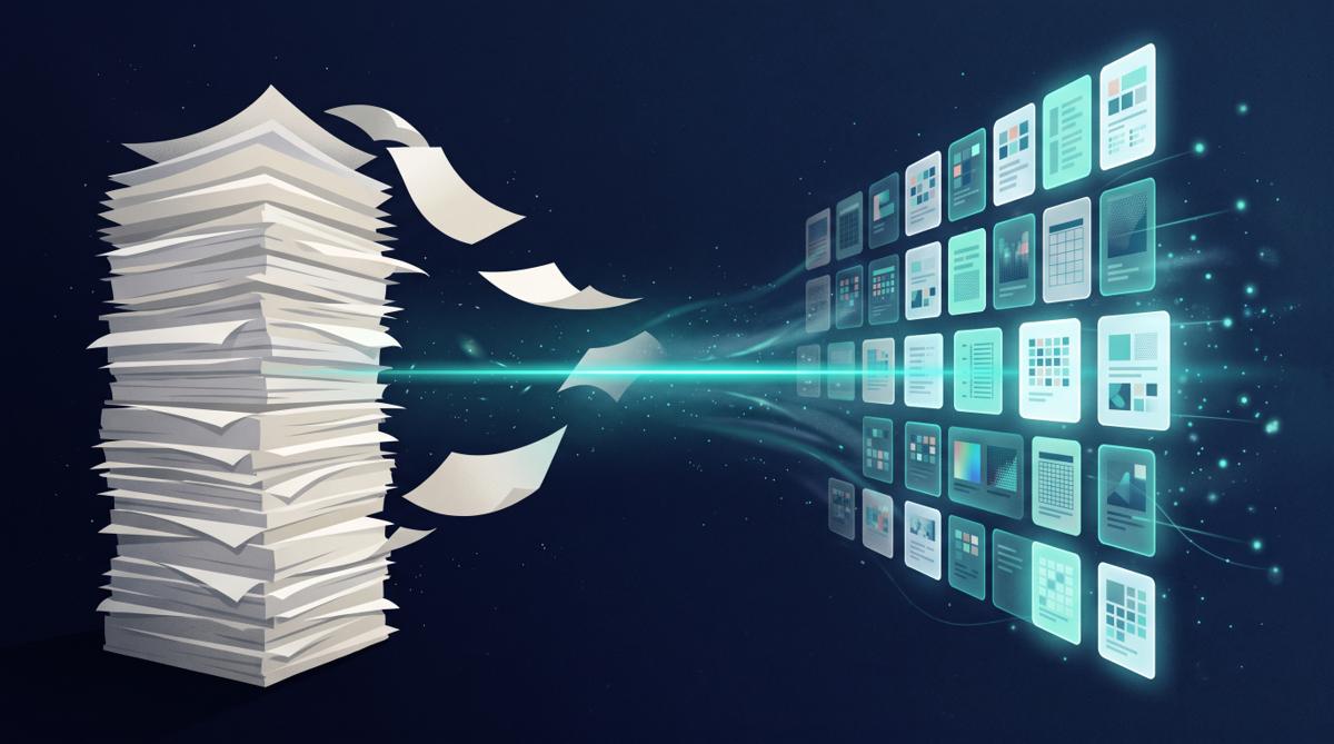 A stack of paper insurance documents turning into structured digital data as they pass through a glowing scanner line
