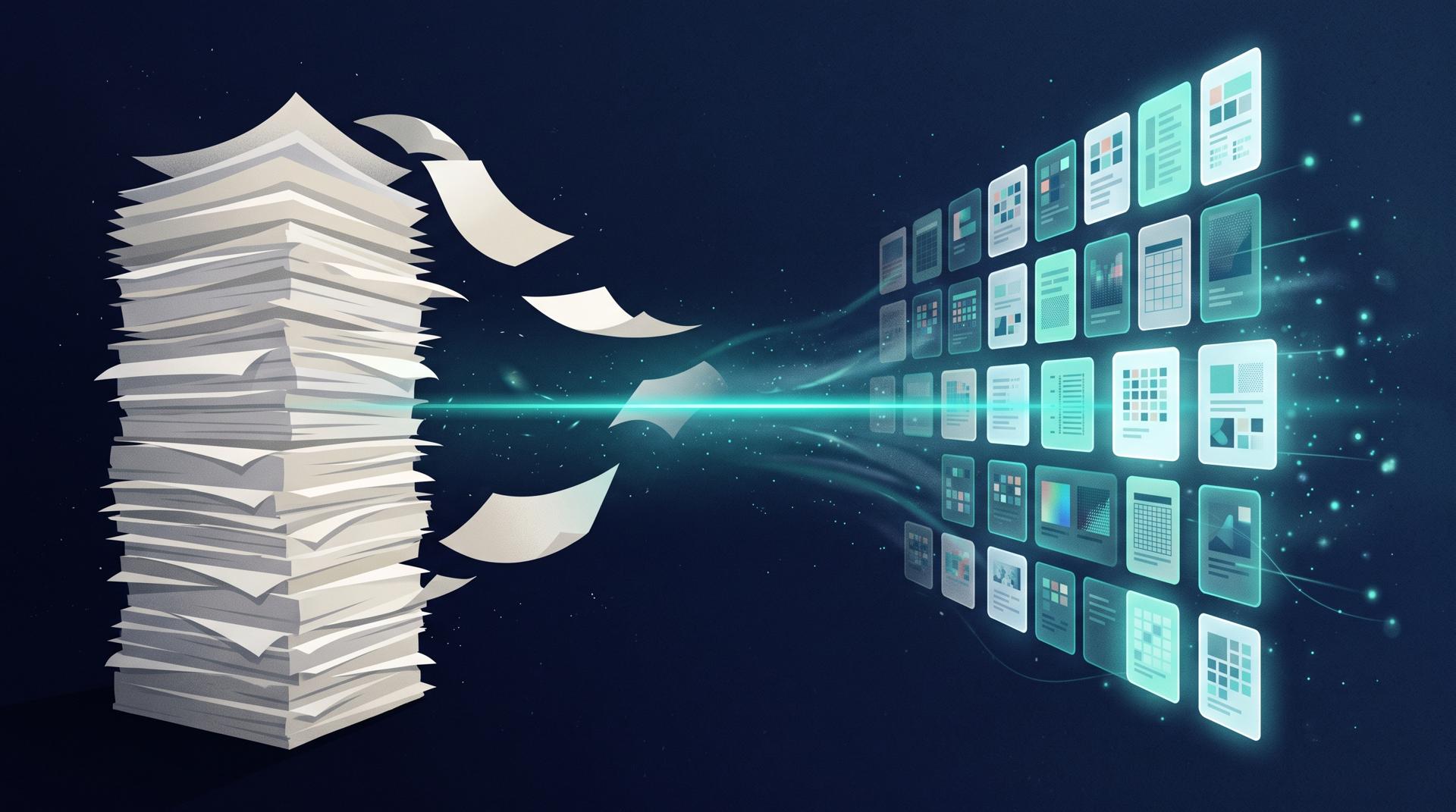A stack of paper insurance documents turning into structured digital data as they pass through a glowing scanner line