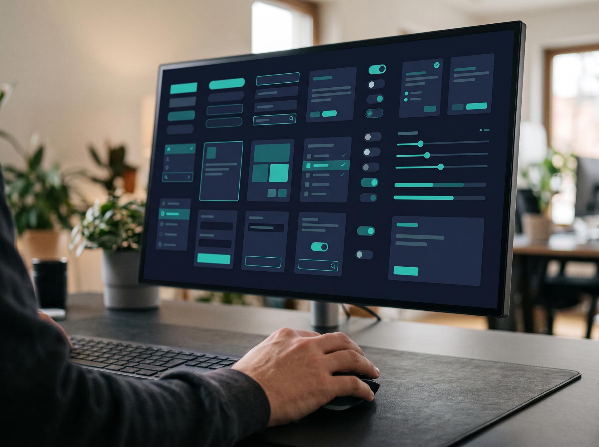 A designer's screen showing a tidy grid of interface components in one consistent visual style