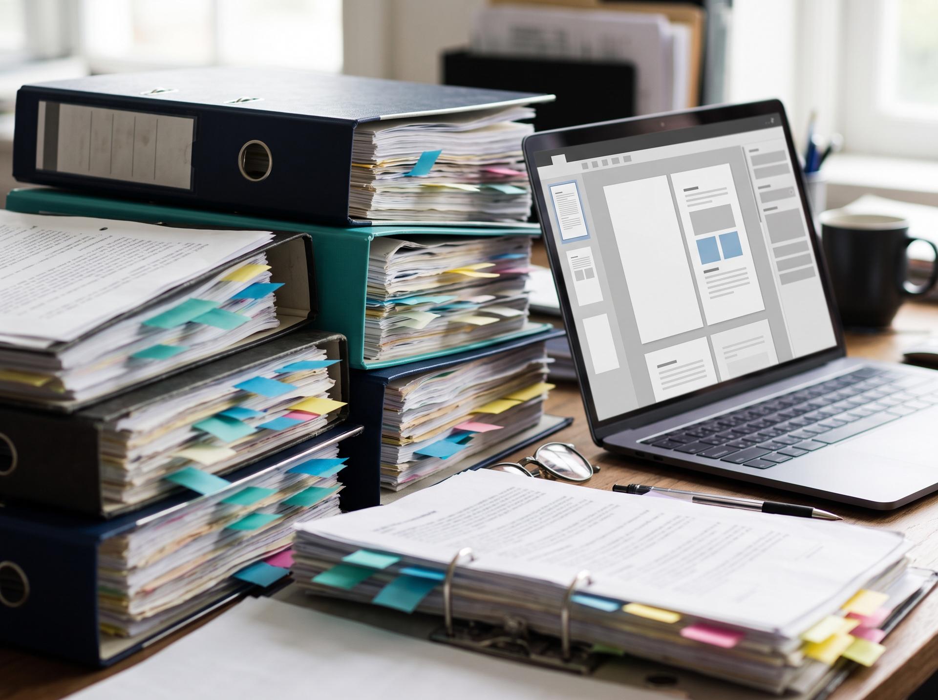 A desk covered in thick printed insurance documents with sticky tabs, next to a laptop showing a clean digital document view