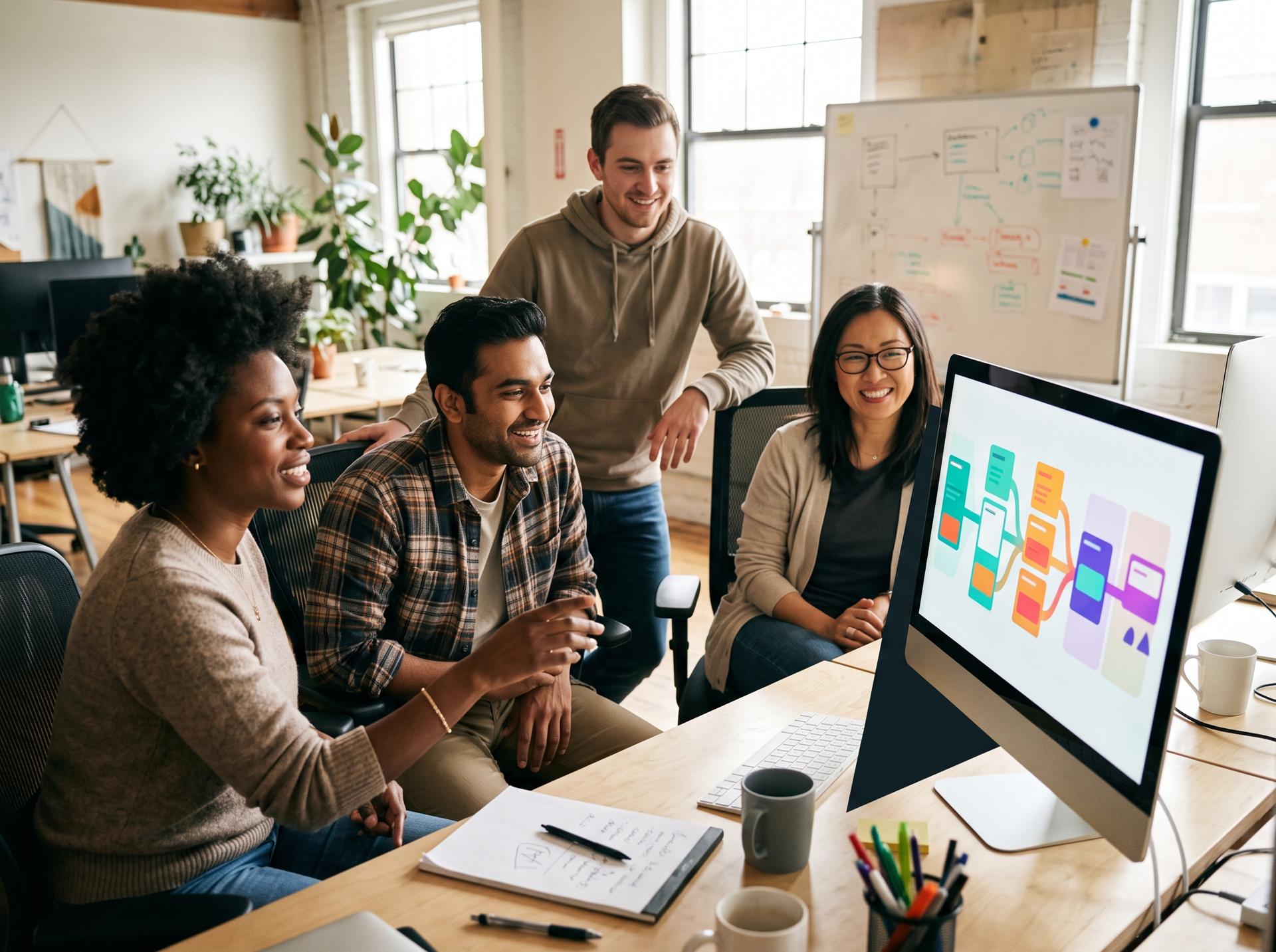 A small team gathered around a large monitor, smiling at a dashboard that shows documents moving through processing stages