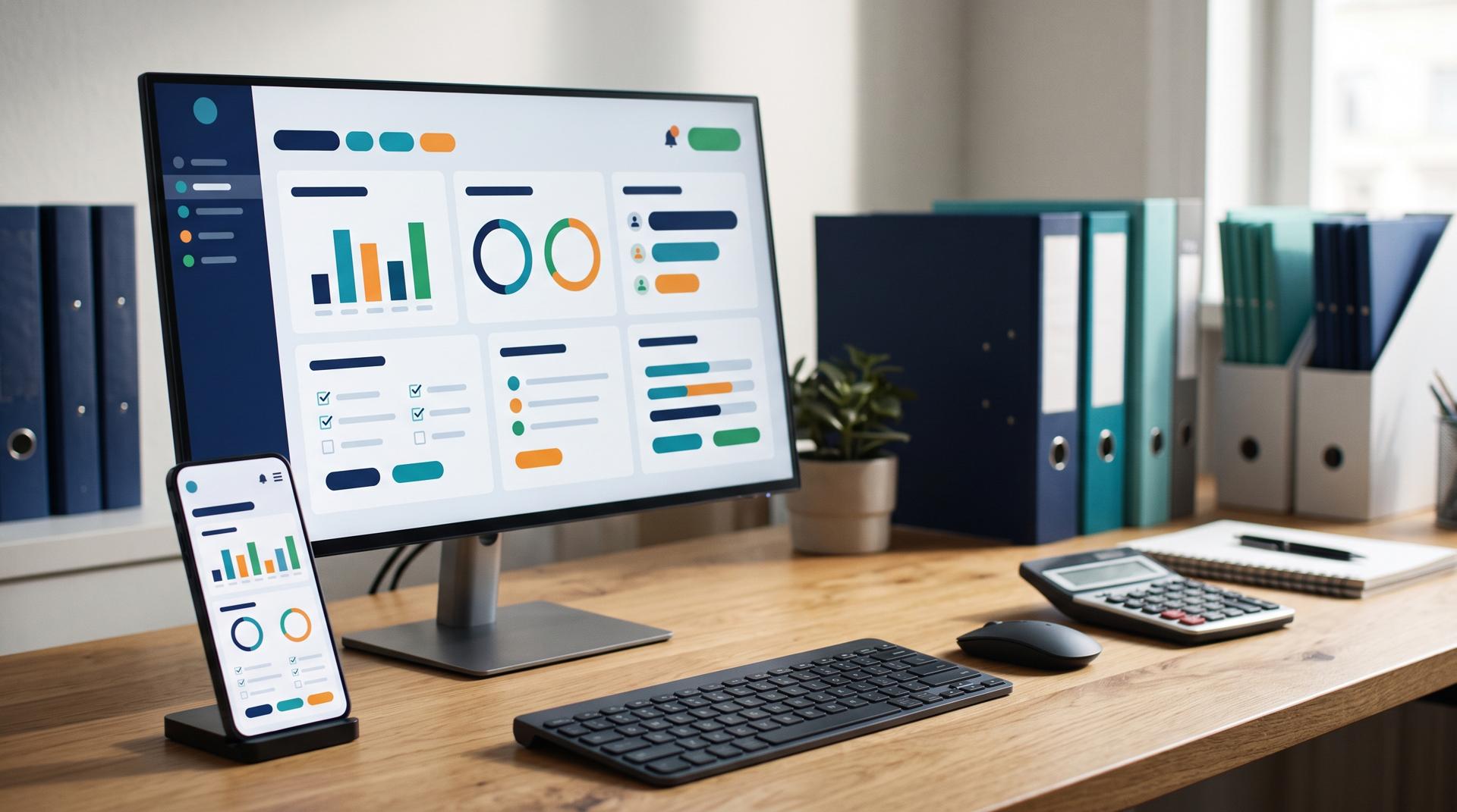 A desktop monitor and a smartphone showing matching, organized accounting dashboards