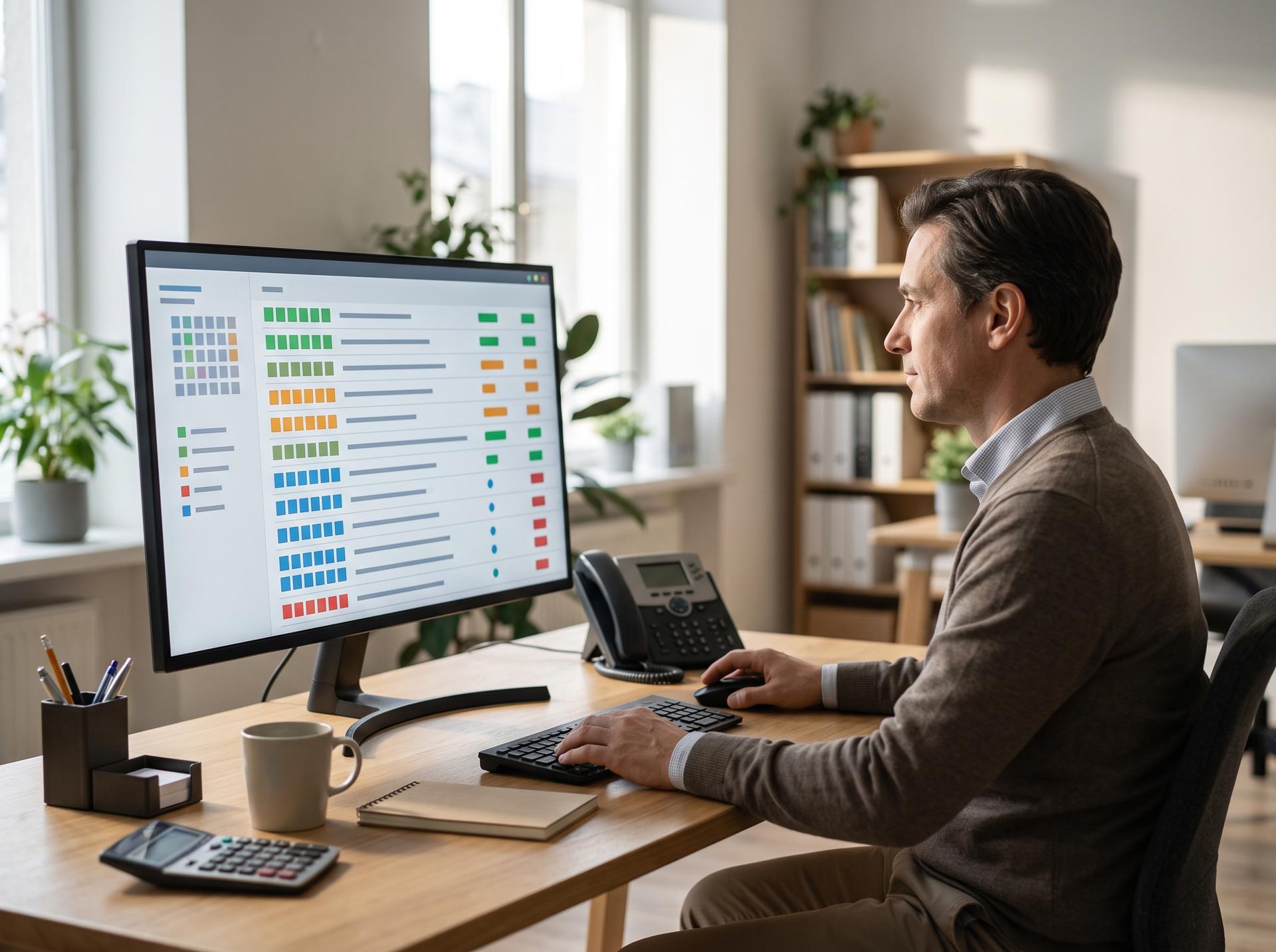An accountant's tidy desk with a large monitor showing an organized client file dashboard, a phone beside it showing a simple upload screen