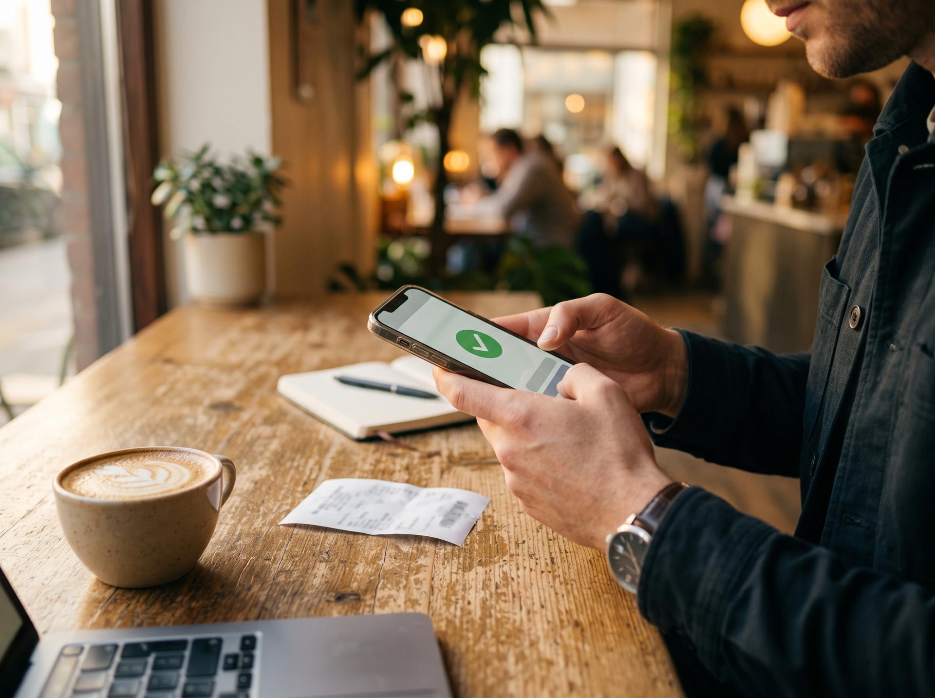 A small business owner at a café table photographing a receipt with a smartphone, the screen showing a simple upload confirmation