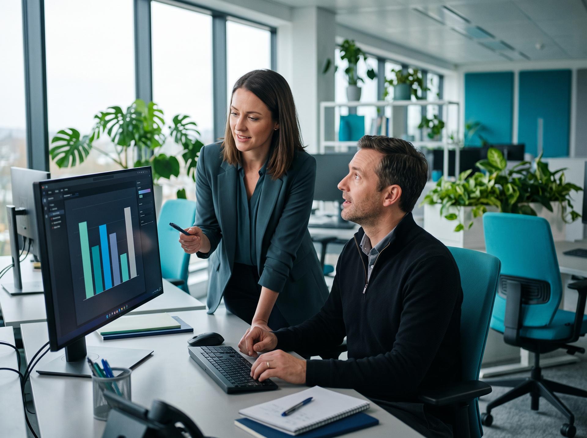 A finance lead and an engineer reviewing a simple cost chart together on a large monitor