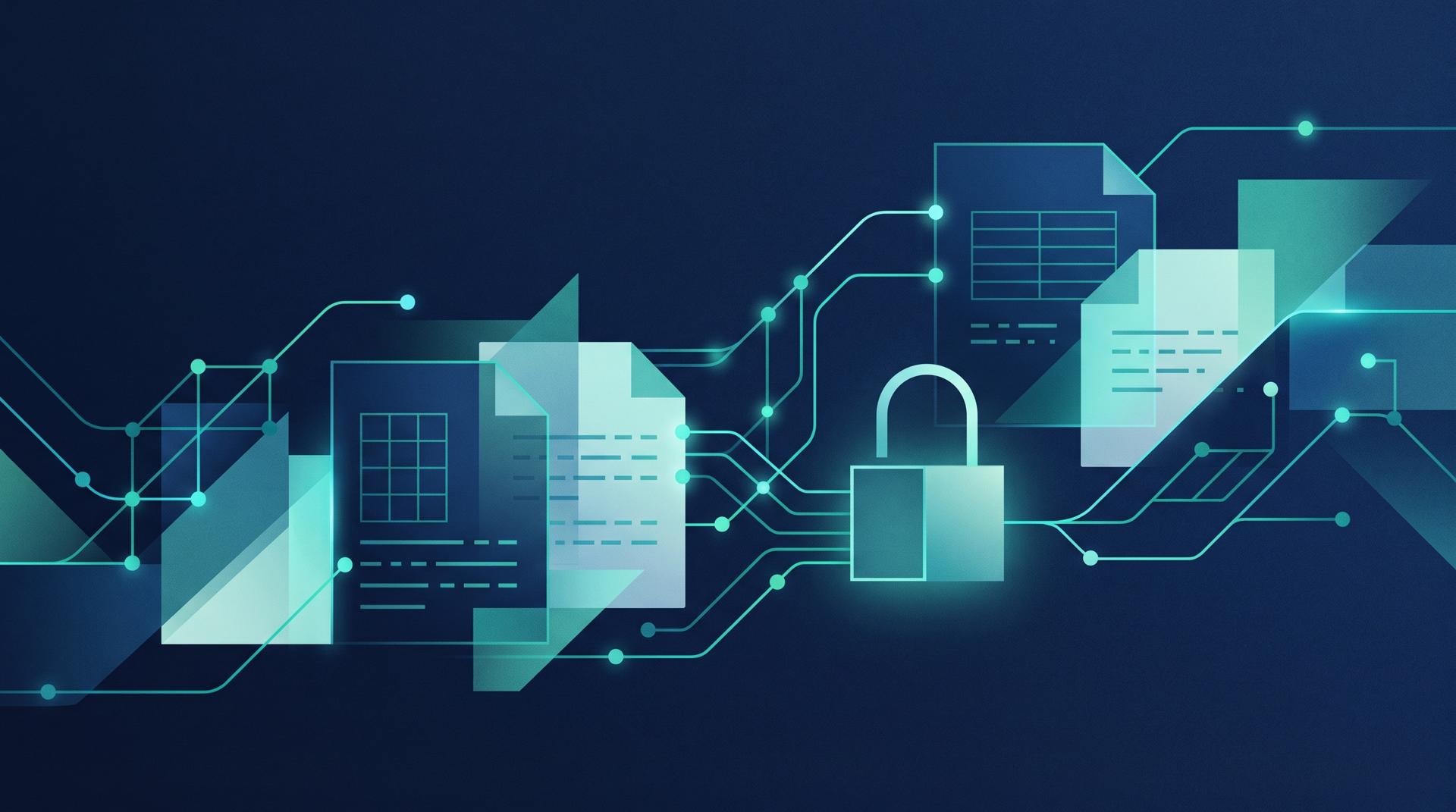 An abstract network shape connected to documents and a padlock, representing safe AI in business