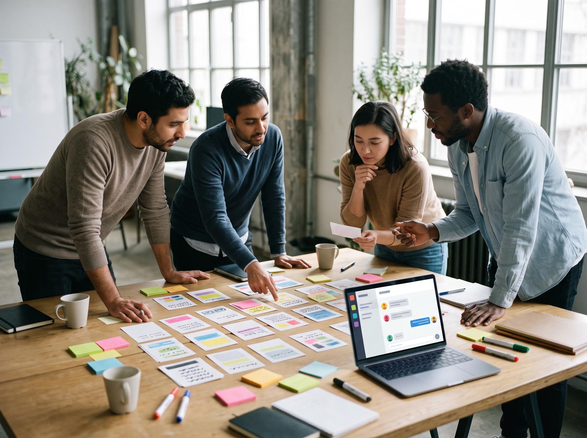 A product team reviewing feedback cards on a table next to a laptop showing a chat interface