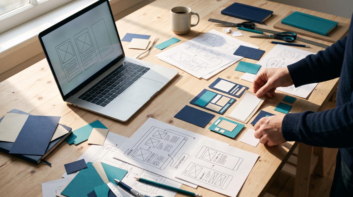 A laptop on a workbench surrounded by paper wireframe sketches arranged like building blocks