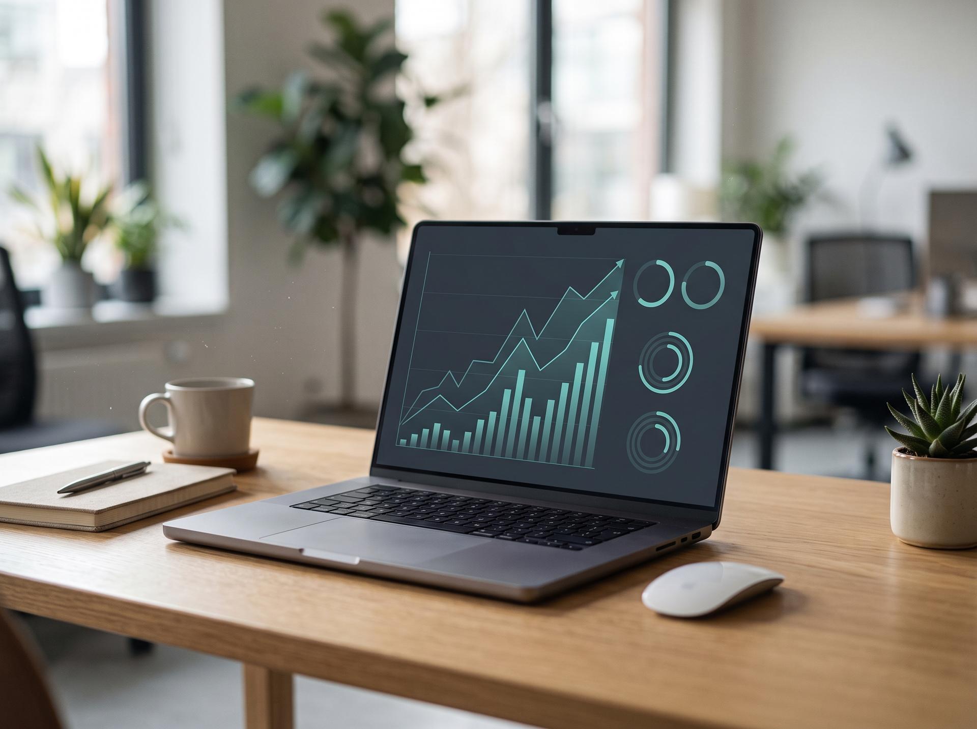 A laptop on a tidy desk showing a dashboard with rising charts in teal