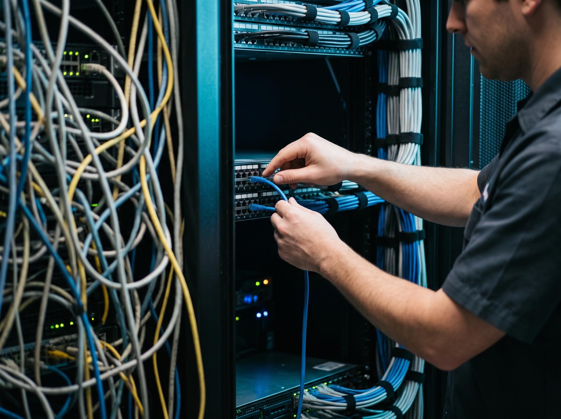 An engineer carefully re-routing cables in a server rack, tangled old cables on one side and tidy new ones on the other