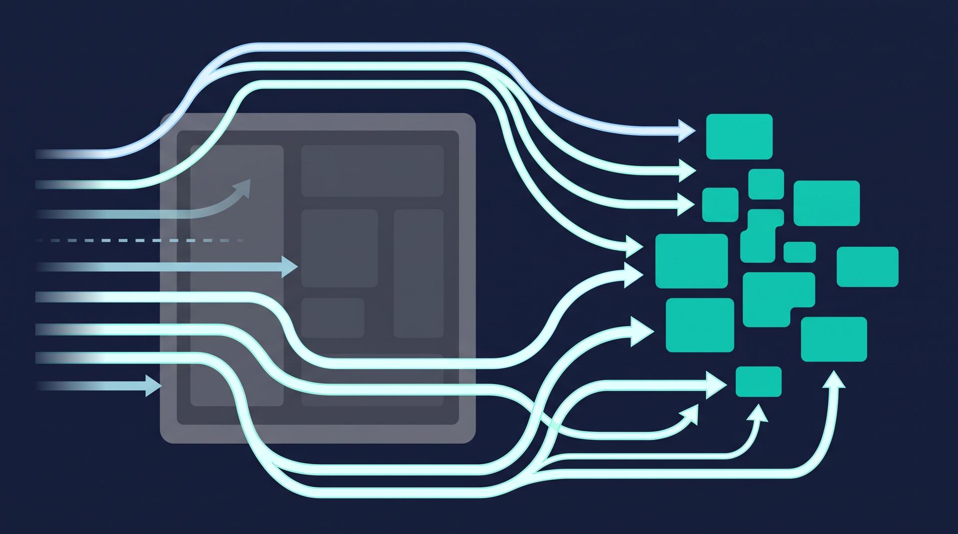 Diagram of small new services growing around a large old system, with traffic arrows gradually shifting to the new parts