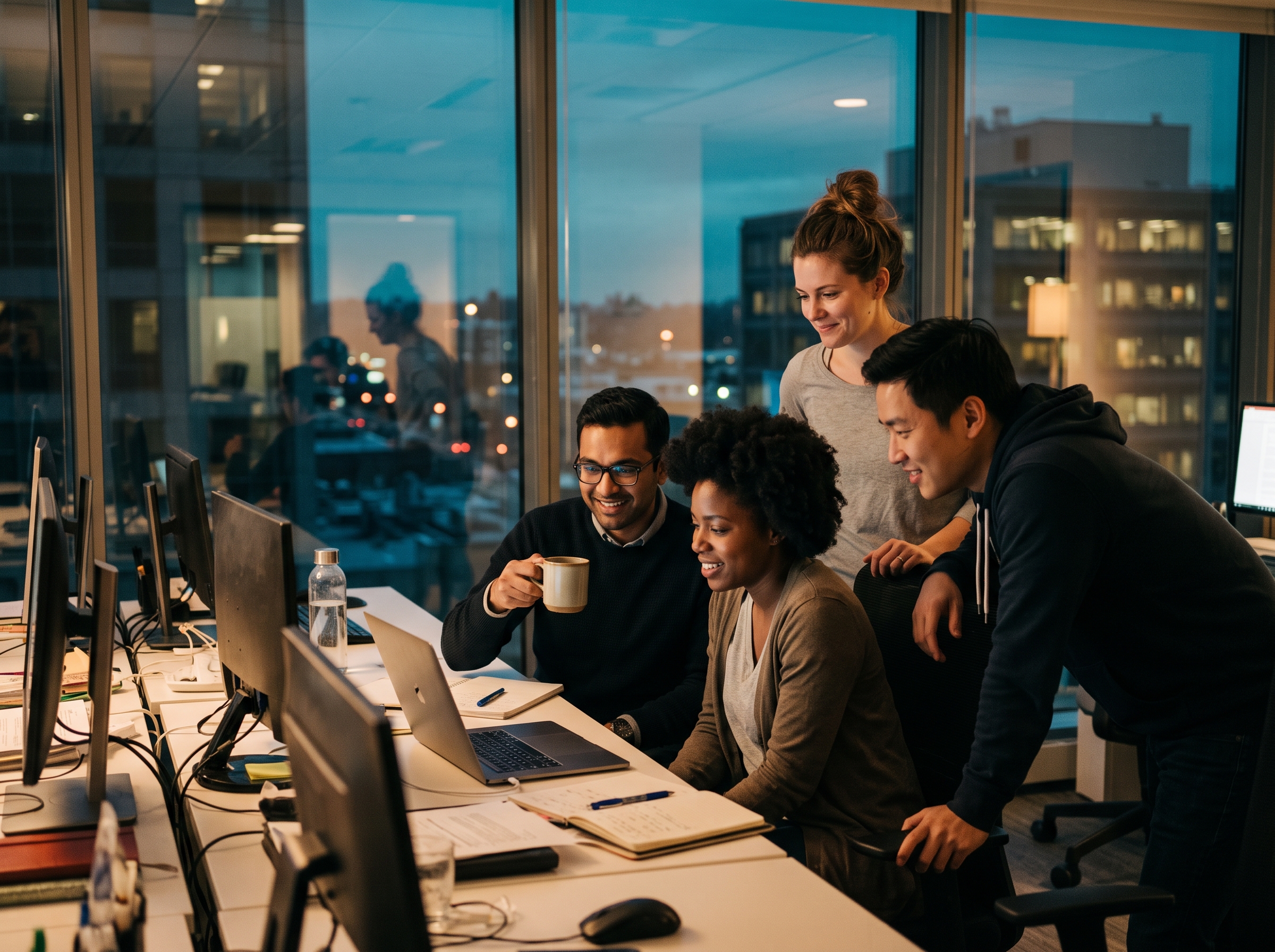 A small team quietly celebrating a launch around a laptop in the evening