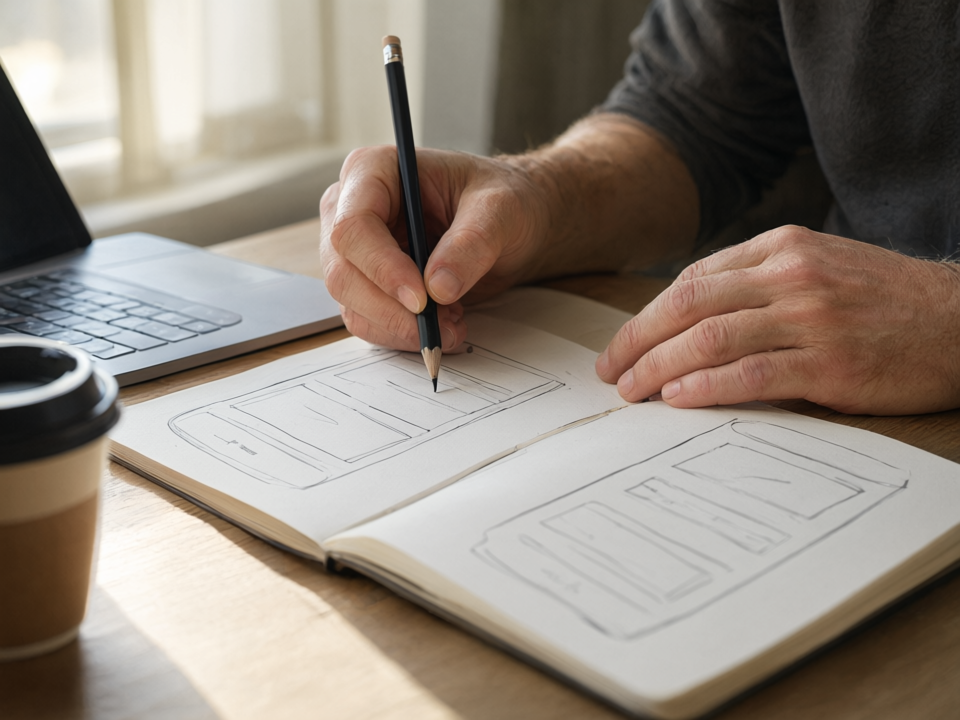 A founder sketching app screen layouts in a notebook next to a laptop