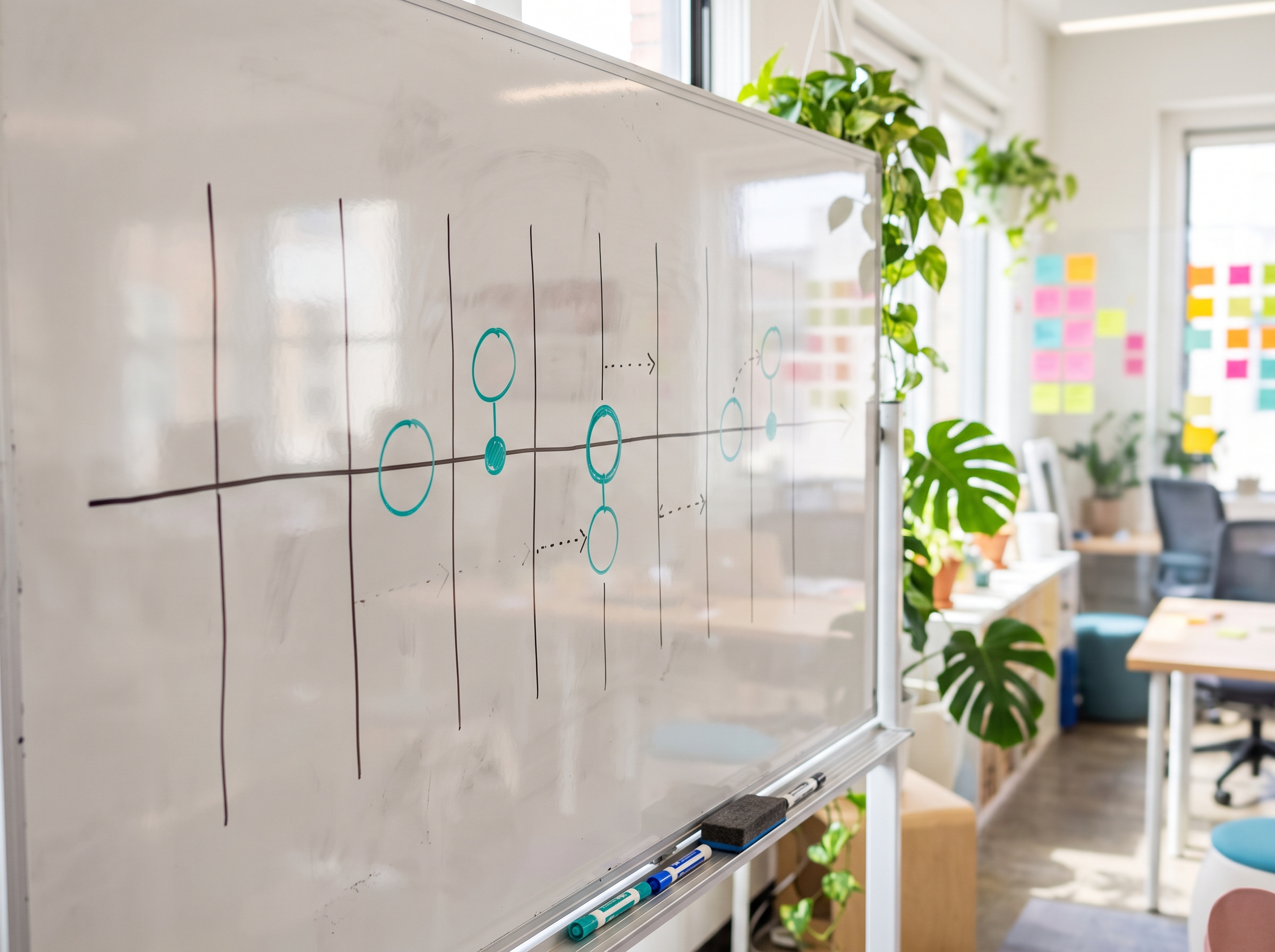 A whiteboard timeline split into twelve columns with a few milestones circled in teal